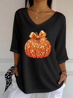 Sequined Pumpkin Print V-Neck 3/4 Sleeve Casual Loose Blouse