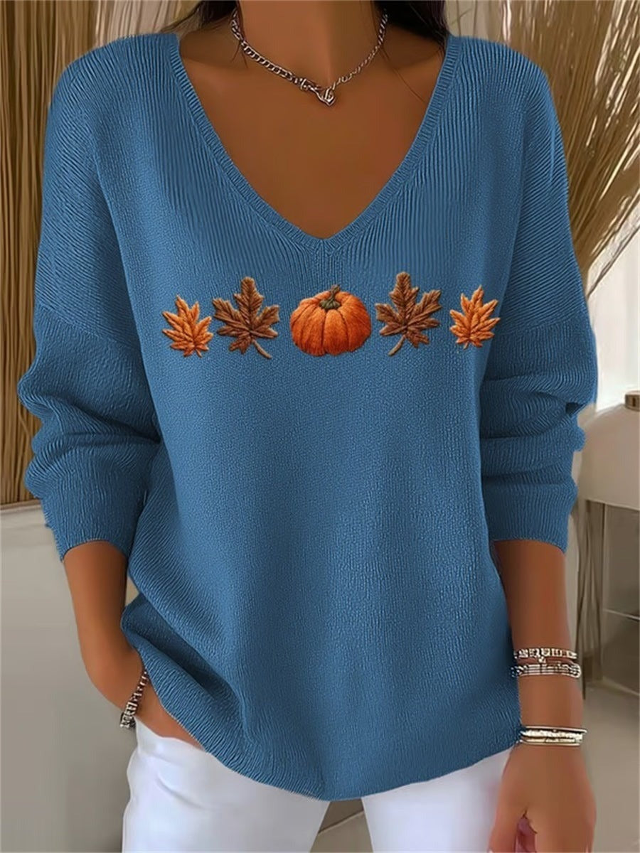 Autumn Maple Leaf and Pumpkin Print Long Sleeve V-Neck Casual Sweatshirt