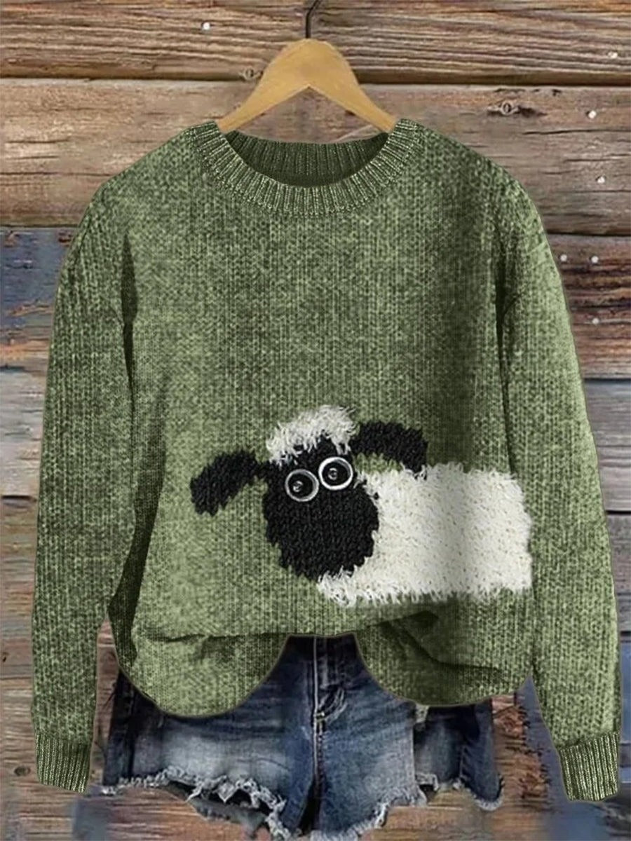 Cute Sheep Print Round Neck Long Sleeve Casual Comfy Sweater