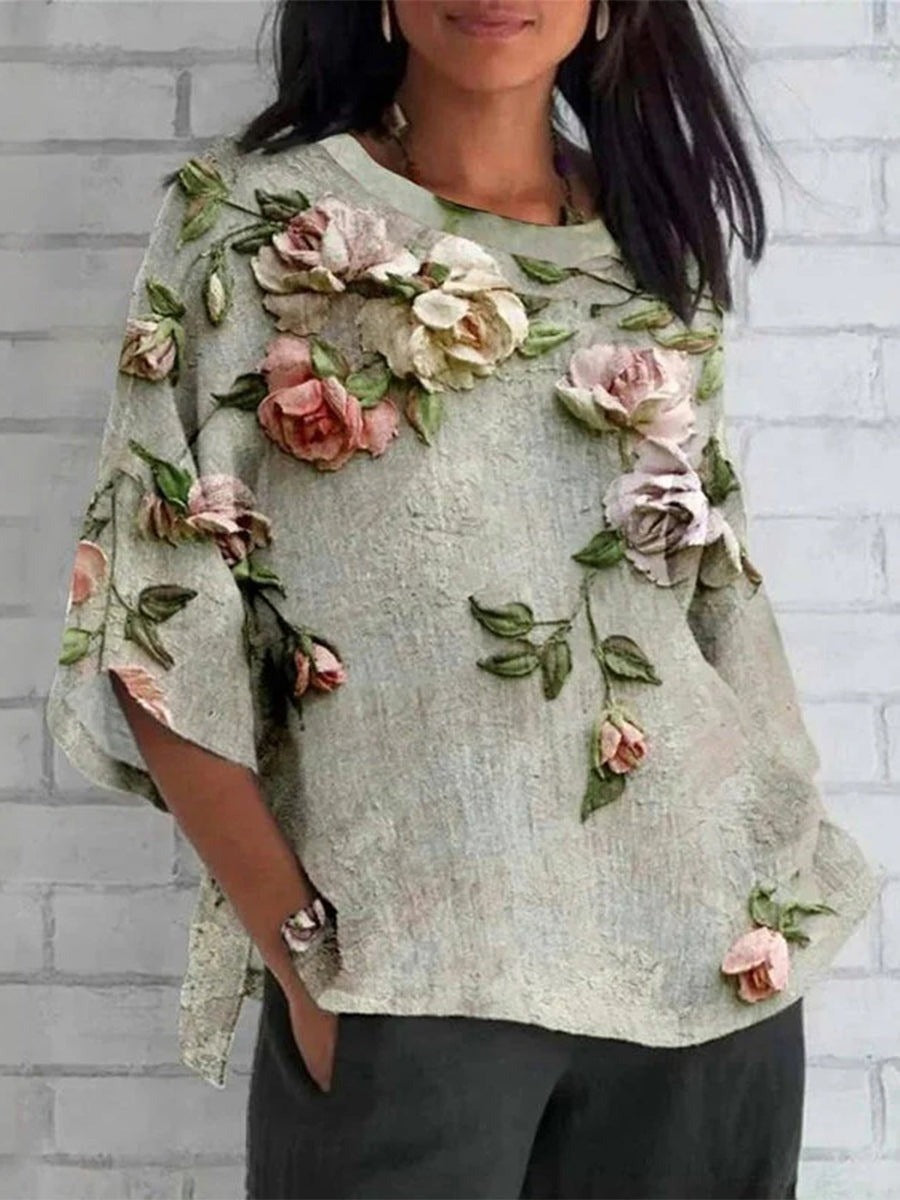 Floral Print Round Neck Half Sleeve Casual Loose Blouse