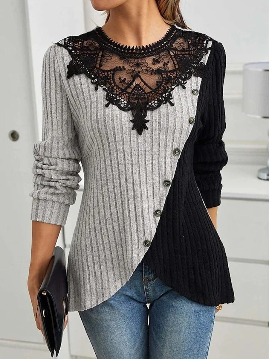 Color Block Ribbed Knit Lace Round Neck Long Sleeve Slim Fit Sweater with Button Details