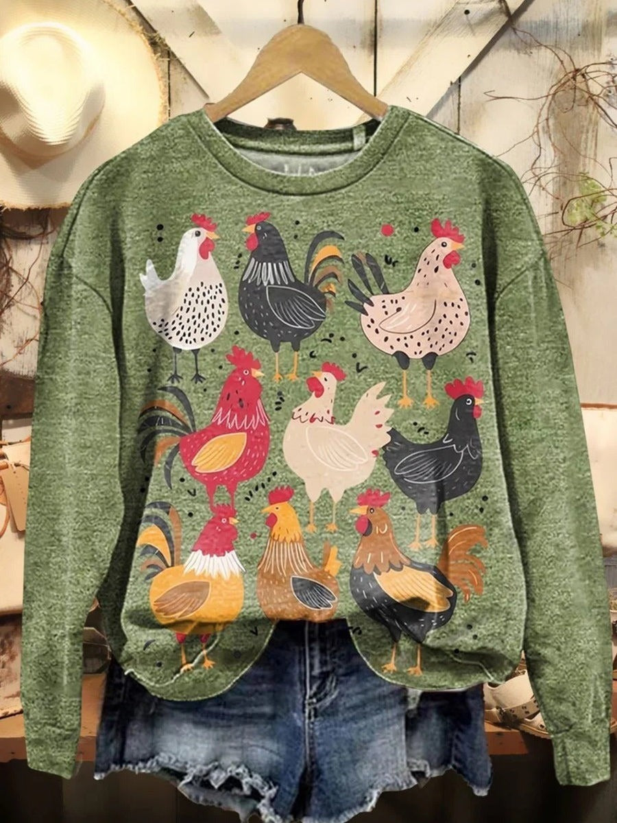 Cute Chicken Art Print Crew Neck Long Sleeve Casual Daily Sweatshirt