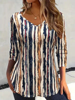 Stylish Color Block Stripe Print V-Neck Long Sleeve Casual Blouse