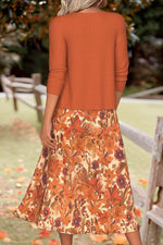 Elegant Orange Floral Print Midi Dress with Matching Long Sleeve Cardigan