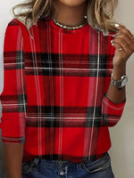 Red Plaid Print Round Neck Long Sleeve Top