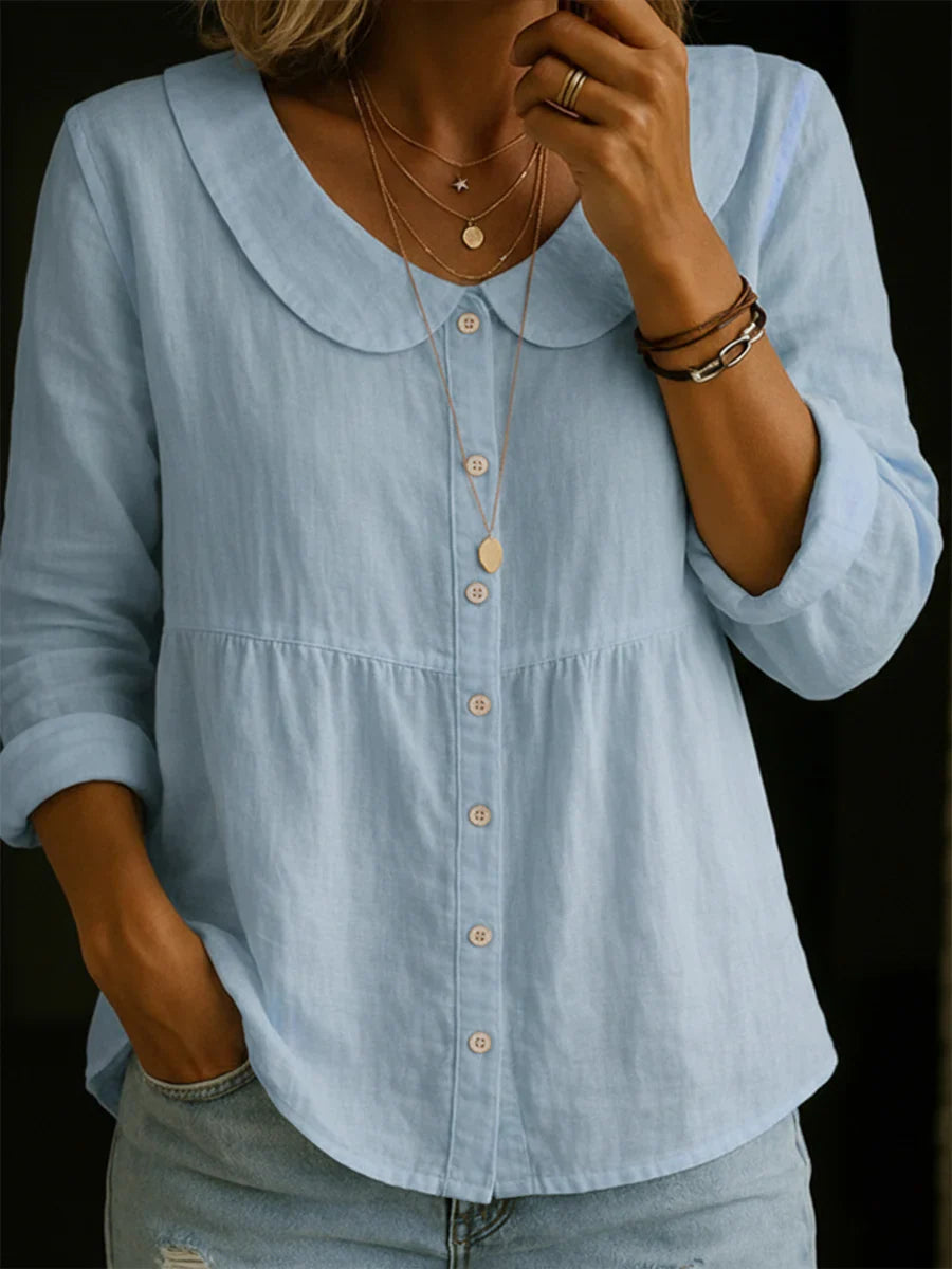 Solid Color Peter Pan Collar Long Sleeve Casual Shirt