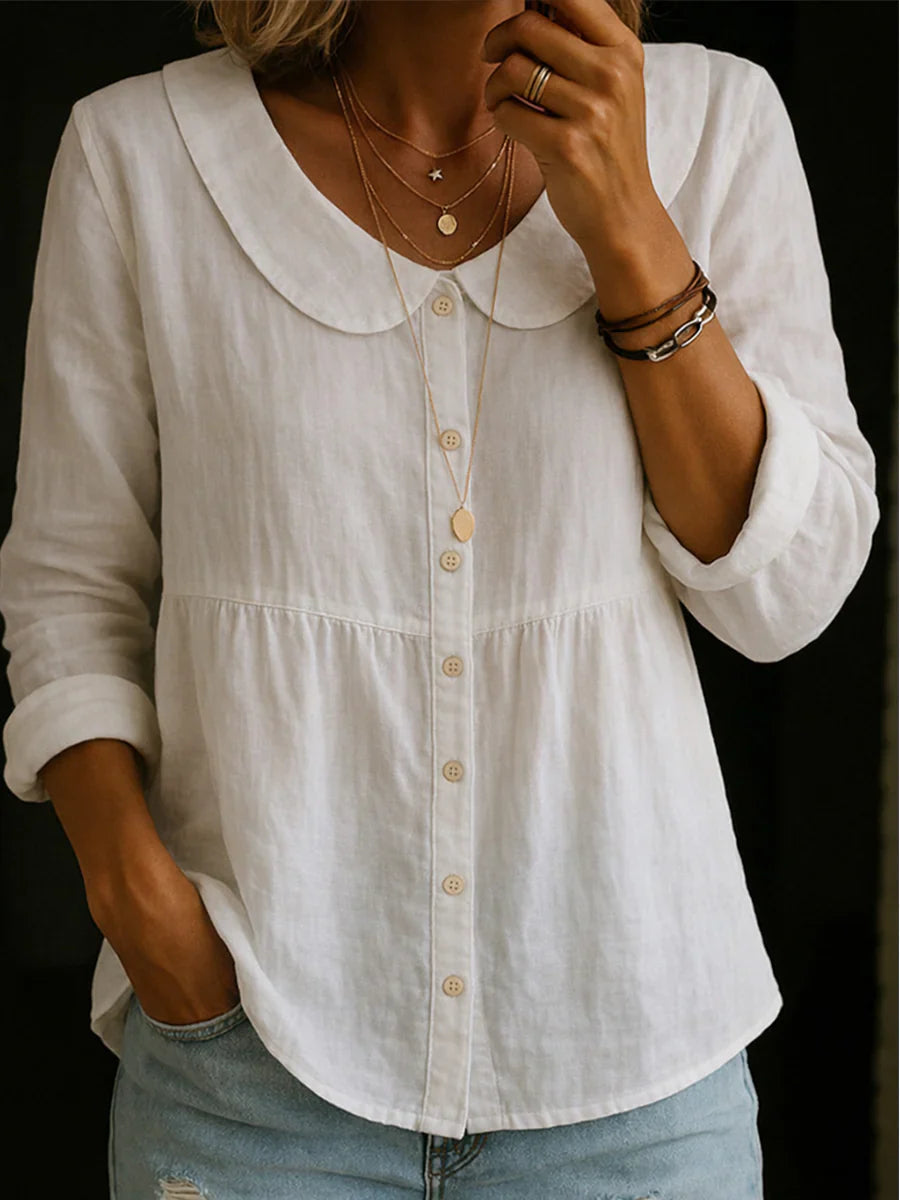 Solid Color Peter Pan Collar Long Sleeve Casual Shirt