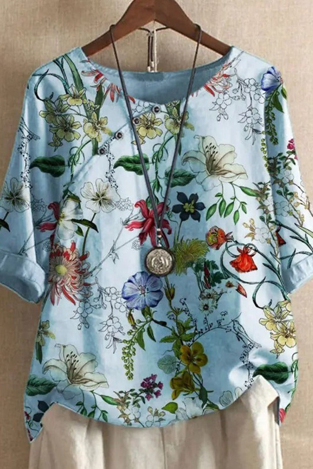 Round Neck Floral Print Half Sleeves Casual Blouse