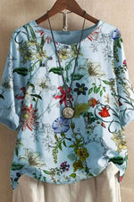 Round Neck Floral Print Half Sleeves Casual Blouse