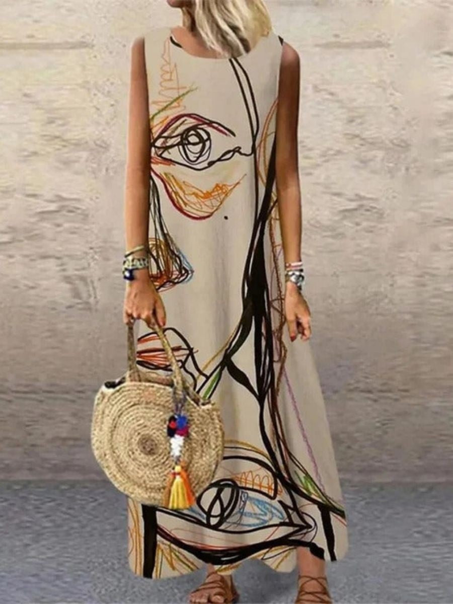Abstract Print Apricot Round Neck Sleeveless Maxi Dresses