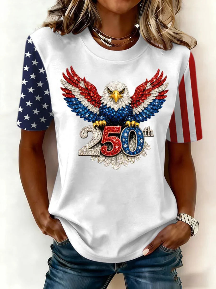 Women's Independence Day America 250th Anniversary Eagle Graphic Crew Neck T-Shirt