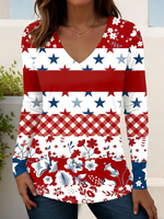 Women's Independence Day American Flag Print V-Neck Long Sleeve T-Shirt