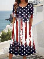 Vintage American Flag Print Crew Neck Short Sleeve A-Line Maxi Dress