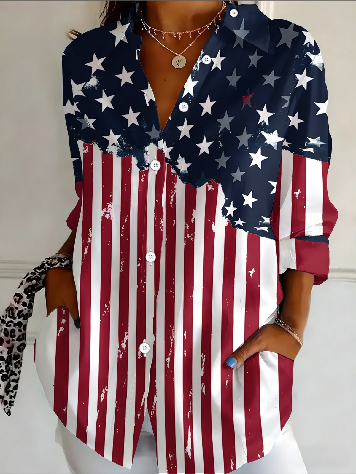 Vintage American Flag Print Long Sleeve Button-Up Shirt