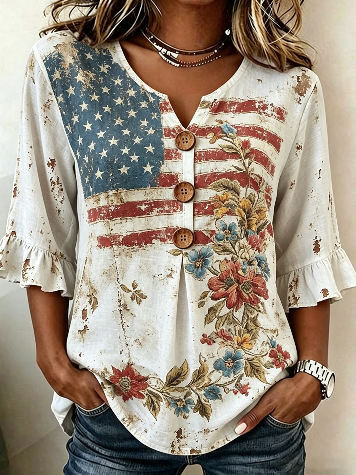 Vintage American Flag & Floral Print V-Neck Half Sleeve Blouse