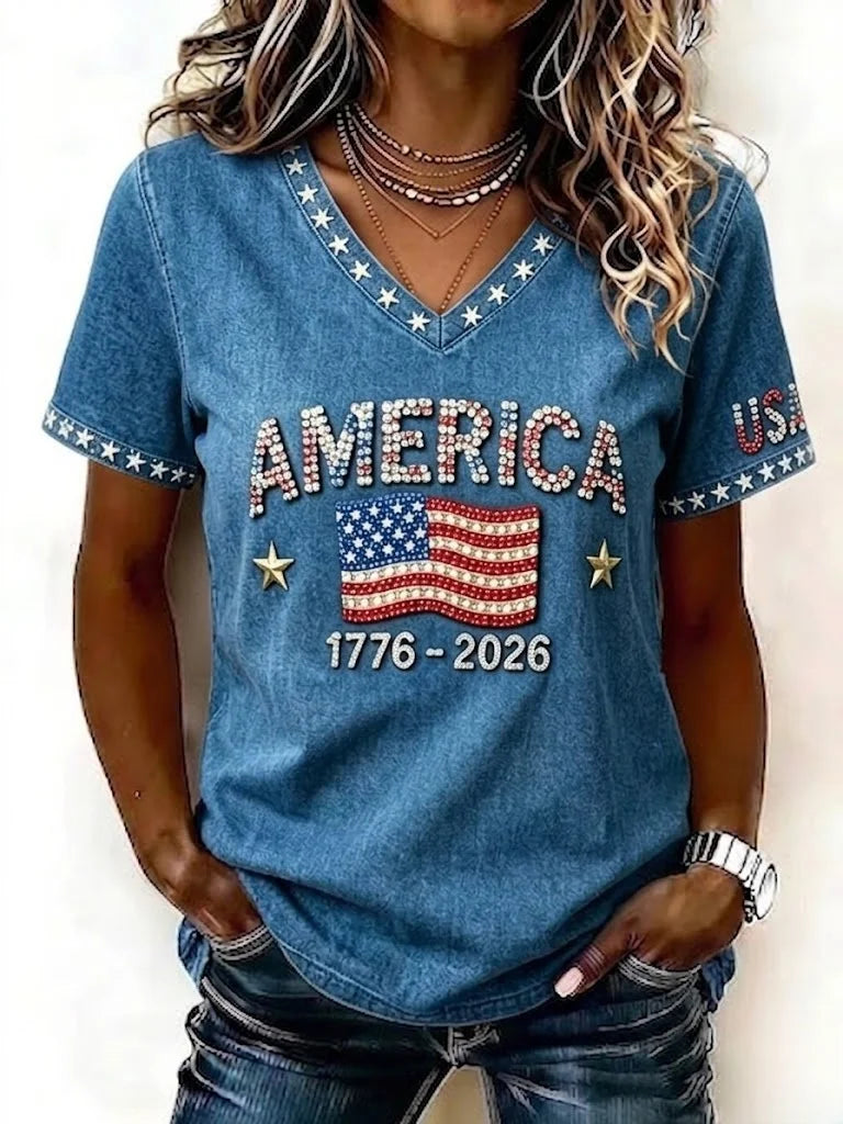 Women's Independence Day American Flag 3D Printing V Neck Short Sleeves Casual T-shirt