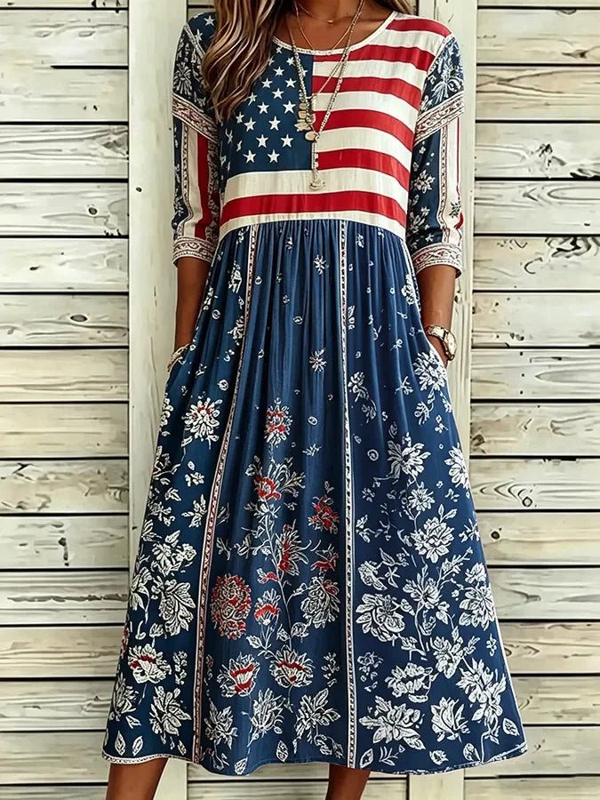 Women American Flag Floral Print Summer Dress Crew Neck Half Sleeve A-Line Dress