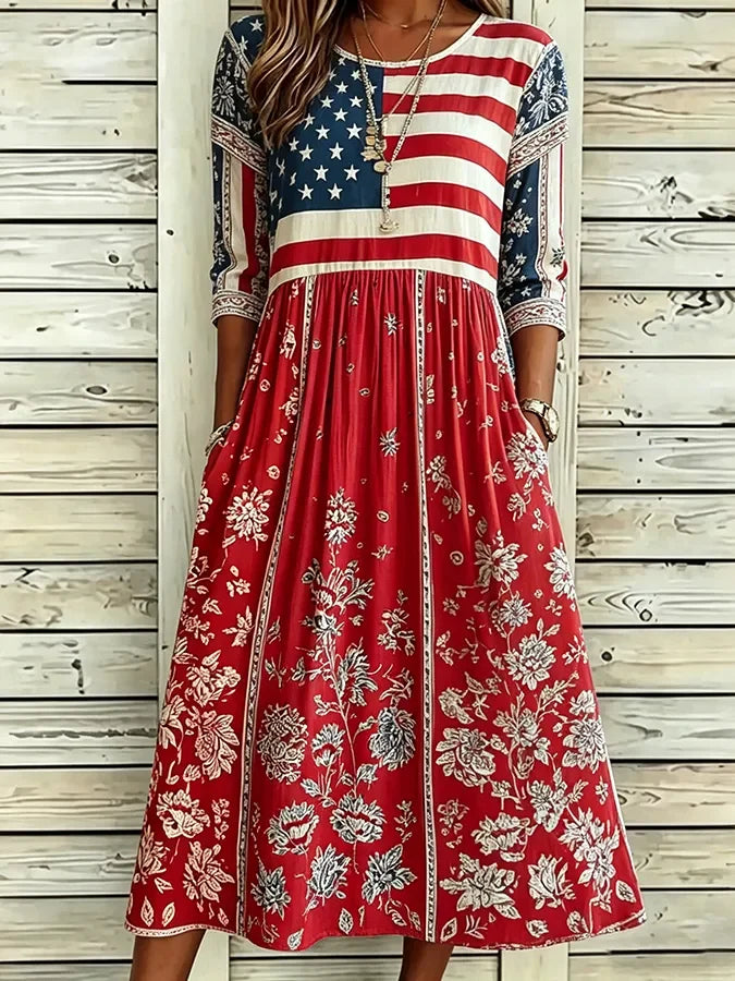 Women American Flag Floral Print Summer Dress Crew Neck Half Sleeve A-Line Dress