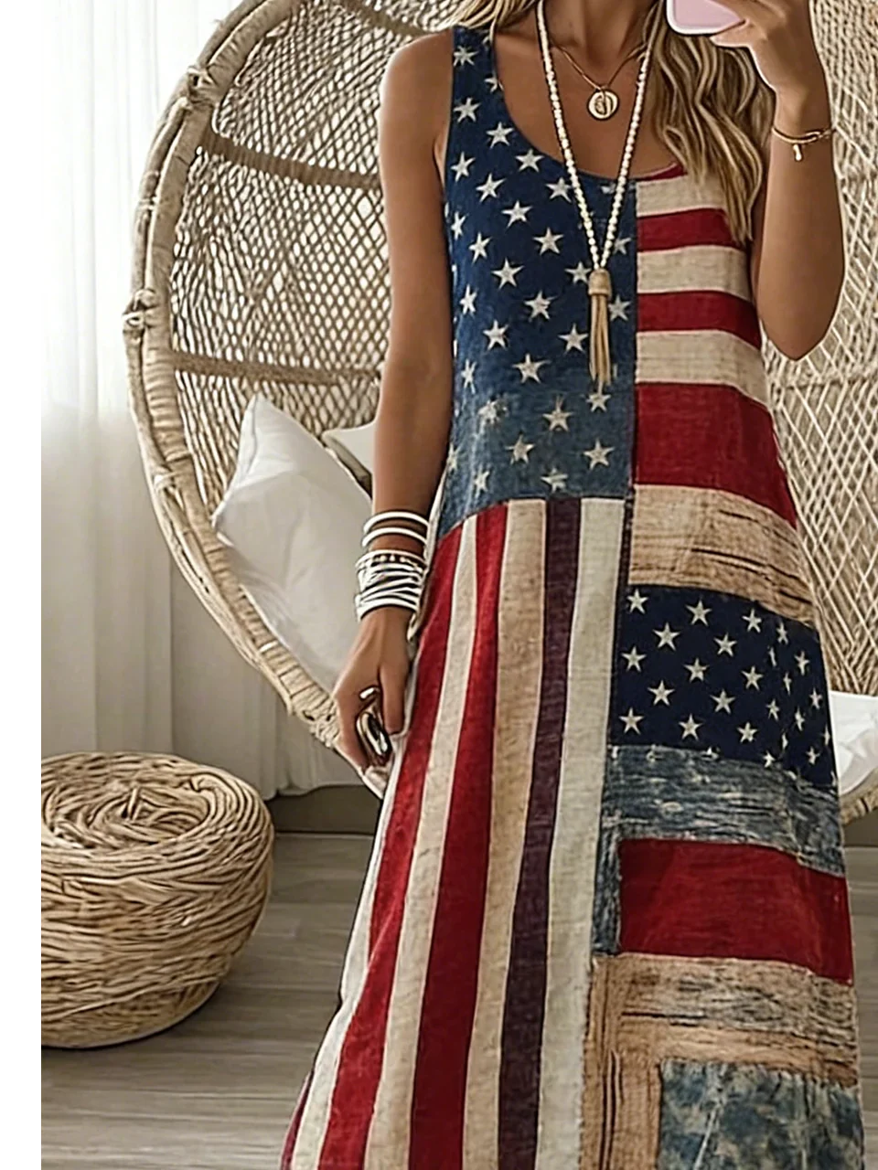Women American Flag Patchwork Sleeveless V Neck A-Line Maxi Dress