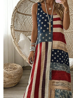 Women American Flag Patchwork Sleeveless V Neck A-Line Maxi Dress