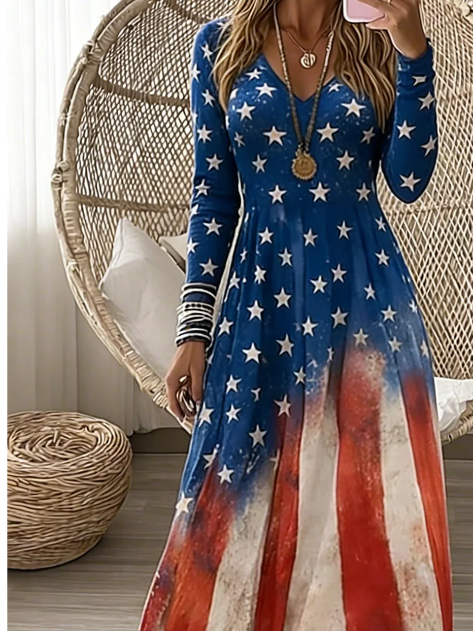 Women American Flag Print Long Sleeve V Neck A-Line Maxi Dress