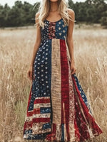 Women Vintage American Flag Print Sleeveless V Neck Fit & Flare Maxi Dress