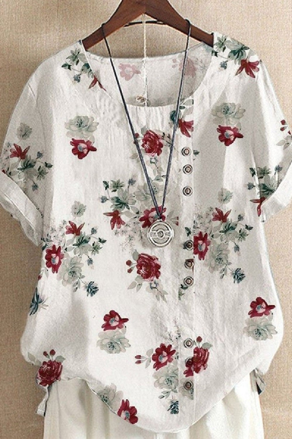 Casual Round Neck Floral Print Short Sleeves Blouse