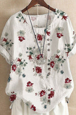 Casual Round Neck Floral Print Short Sleeves Blouse