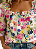 Square Neck Three Quarter Sleeve Floral Regular Micro-Elasticity Loose Blouse For Women