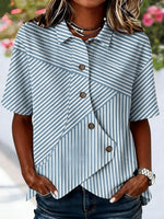 Shawl Collar Short Sleeve Striped Regular Loose Shirt For Women
