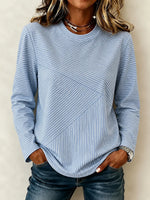 Blue Mixed Diagonal Striped Crew Neck Long Sleeve Casual T-Shirt