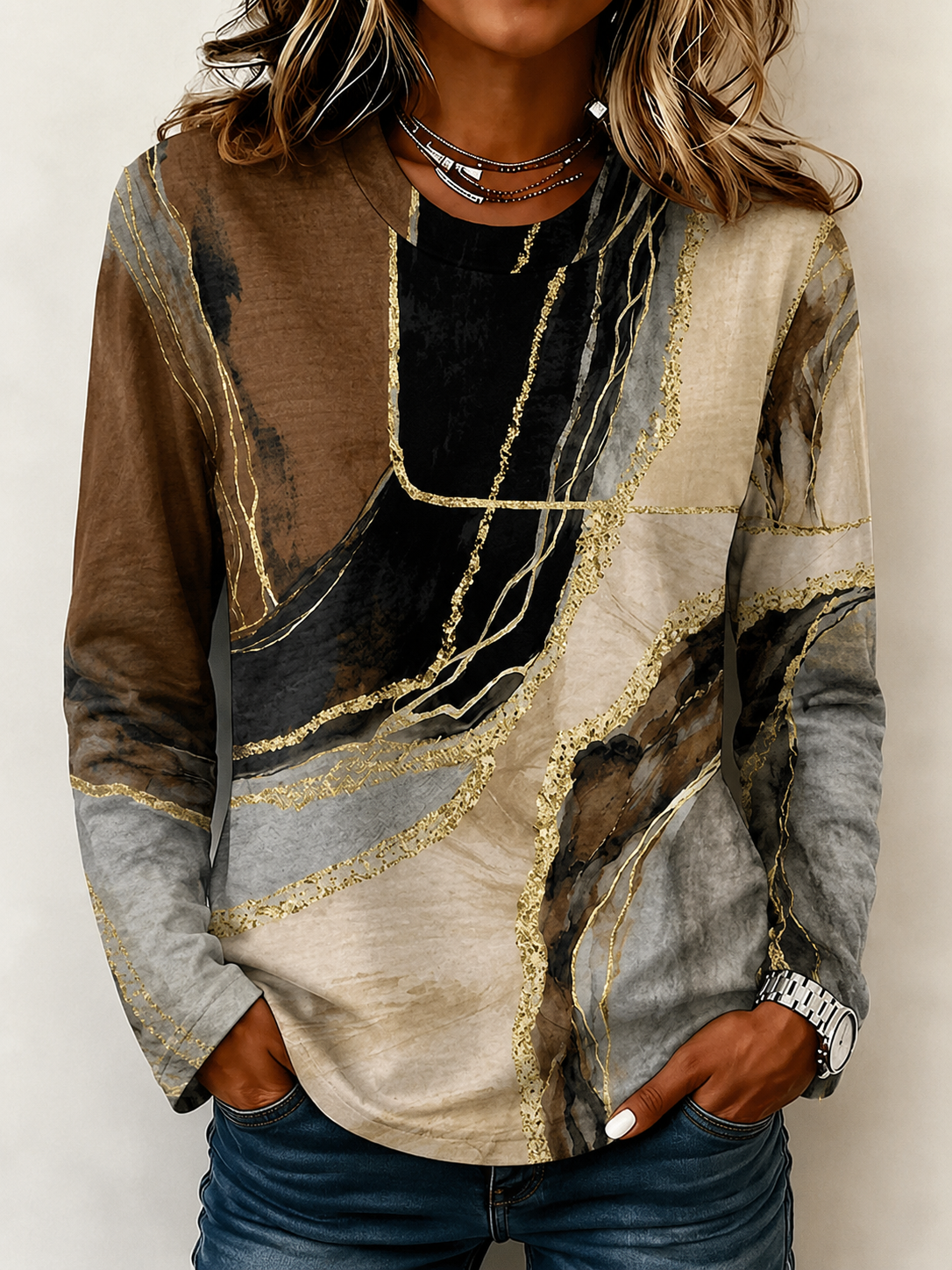 Brown Abstract Marble Print Crew Neck Long Sleeve Casual T-shirt