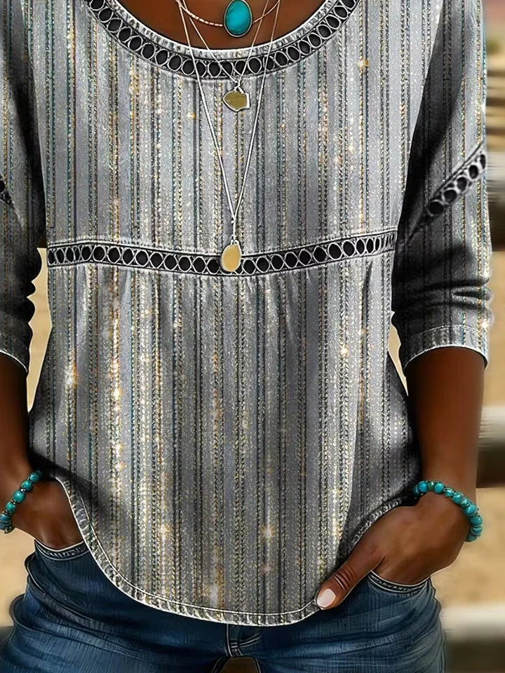 Grey Abstract Glitter Stripe Crew Neck Half Sleeve Loose Blouse For Women