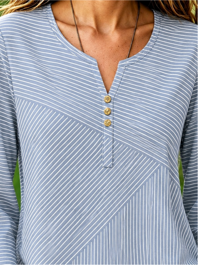 Blue Mixed Vertical Diagonal Striped Crew Neck Long Sleeve Loose Blouse For Women
