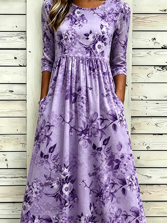 Purple Floral Crew Neck Half Sleeve A-Line Midi T-Shirt Dress For Women