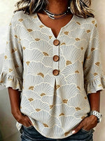 Light Green Ginkgo Leaf Print V-Neck Ruffle Half Sleeve Casual Blouse For Women