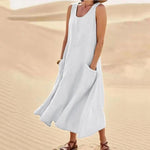 Sleeveless Round Neck Patch Pocket Linen Blend A-Line Maxi Dress For Women