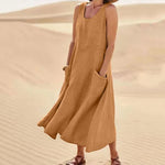 Sleeveless Round Neck Patch Pocket Linen Blend A-Line Maxi Dress For Women