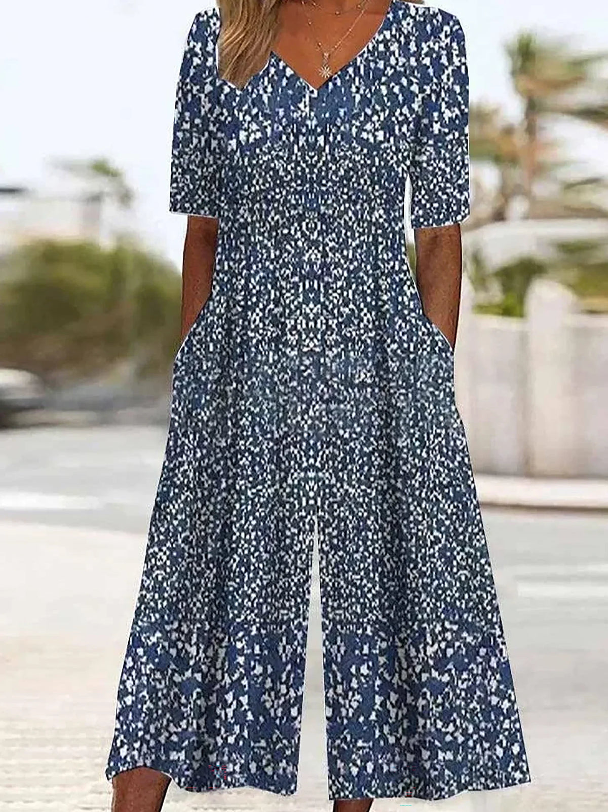 Purplish Blue Ditsy Floral V-Neck Short Sleeve Wide Leg Ankle-Length Jumpsuit For Women