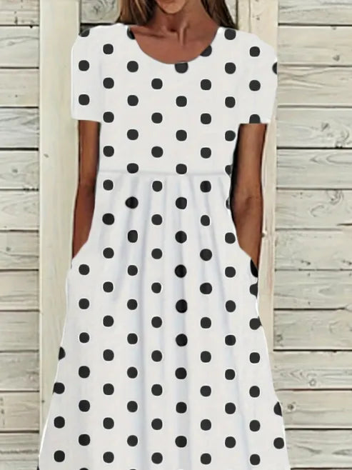 White Black Polka Dot Crew Neck Short Sleeve Gathered Waist Side Pocket Loose H-Line Maxi Shift Dress For Women