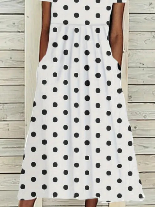 White Black Polka Dot Crew Neck Short Sleeve Gathered Waist Side Pocket Loose H-Line Maxi Shift Dress For Women