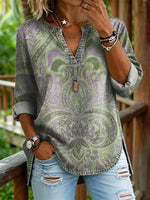 Ethnicity Light Blue Totem Women's Art Print Casual V-Neck Washed Cotton Denim Top