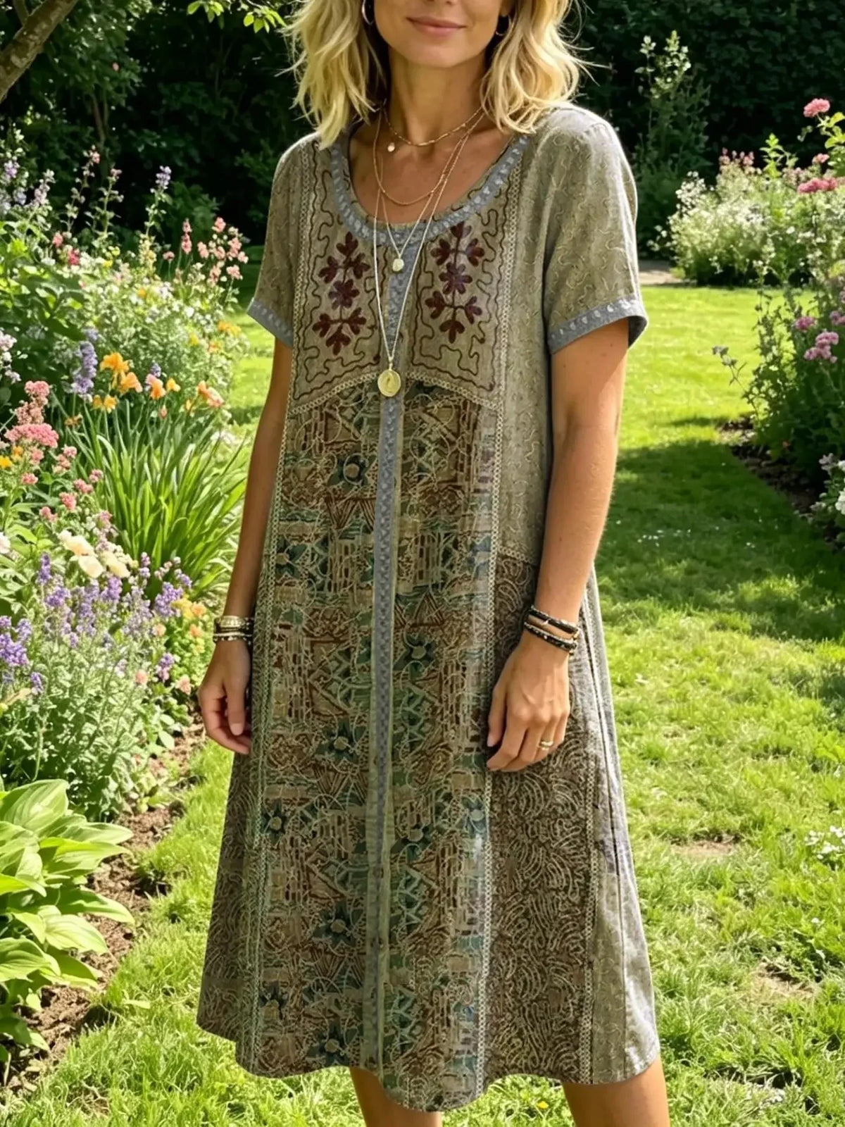 Women's Bohemian Multicolor Patchwork Sun Pattern Art Print Pocket Cotton Dress