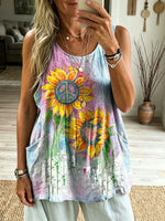 Women's Sunflower Peace Sign Art Print Sleeveless Pocket Tank Top
