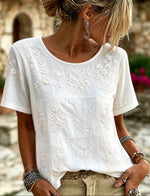White Floral Embroidered Crew Neck Short Sleeve Tee