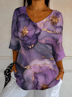 Purple Marble Floral V-Neck 3/4 Sleeve Tee