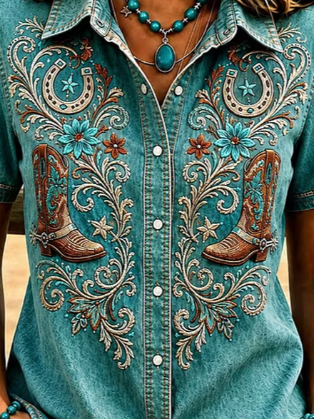 Denim Blue Western Cowboy Embroidery Lapel Short Sleeve Button Down Shirt