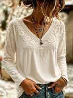 Beige Lace Floral Embellished V-Neck Long Sleeve Casual T-Shirt