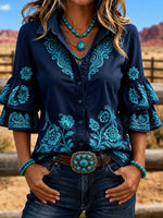 Teal Denim Floral Vine Embroidery Lapel Double Flounce Half Sleeve Button Down Shirt