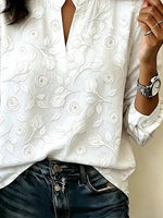 White 3D Embossed Rose Mandarin Collar Split V-Neck Long Sleeve Blouse